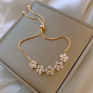 Dainty Elegant Chic Adjustable Crystal Flower Gold Toned Bracelet